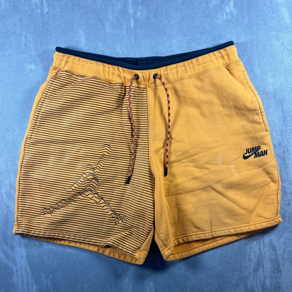 Jordan Nike Jumpman Mens Fleece Shorts Large Yellow Gold Stripe Graphic